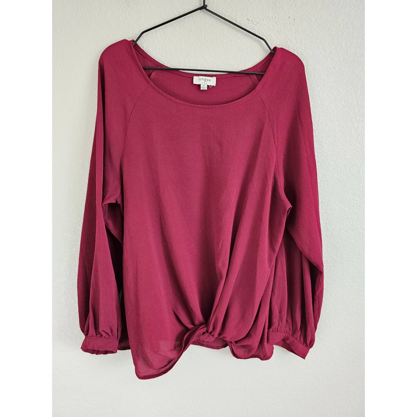 Umgee Womens Sz M Long Sleeve Knot Front Blouse Burgundy Red