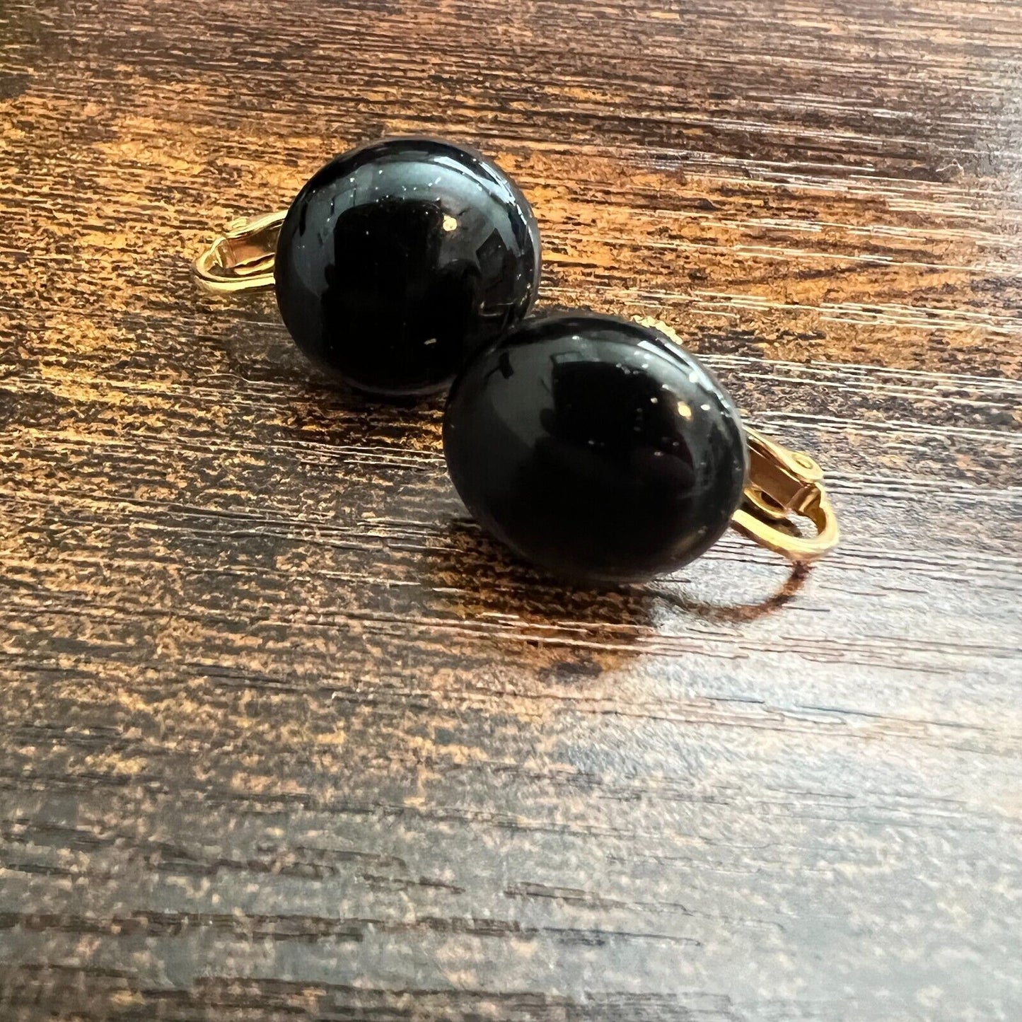 Vintage 1990s Dauplaise Clip On Earrings Art Deco Round Black Gold