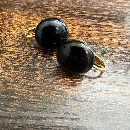 Vintage 1990s Dauplaise Clip On Earrings Art Deco Round Black Gold