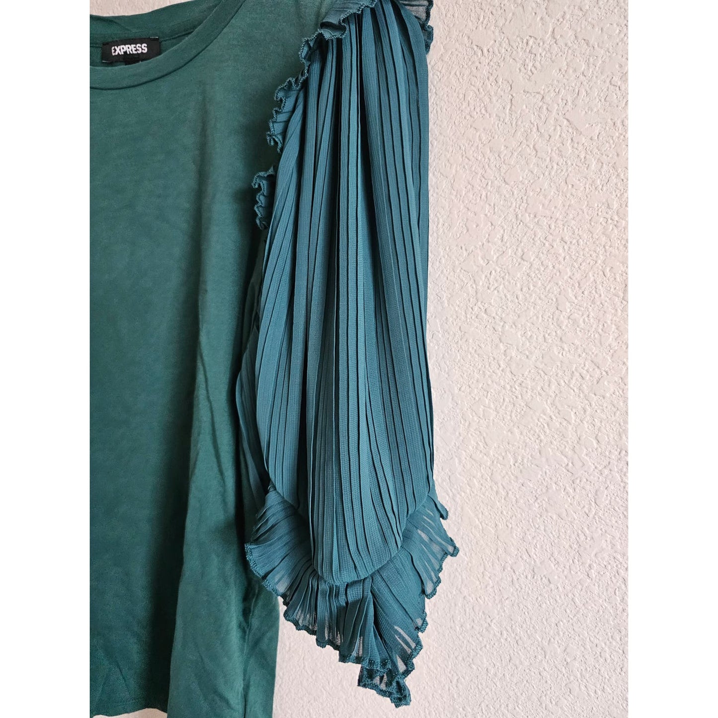 Express Womens Sz M Dark Teal Blouse Bubble Pleated Sleeve