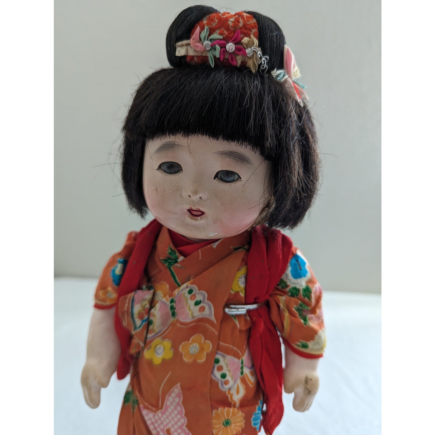 Vintage Japanese Ichimatsu Girl Doll Red Robe over Red Floral Print Kimono 12"