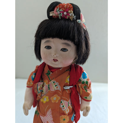 Vintage Japanese Ichimatsu Girl Doll Red Robe over Red Floral Print Kimono 12"