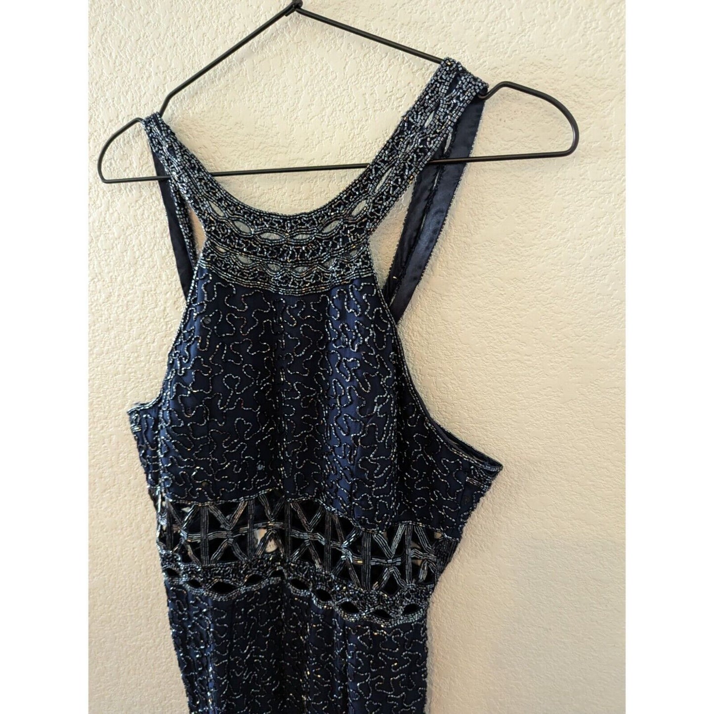 vintage 90s Sean Collection 100% silk beaded formal gown Navy Sz XL