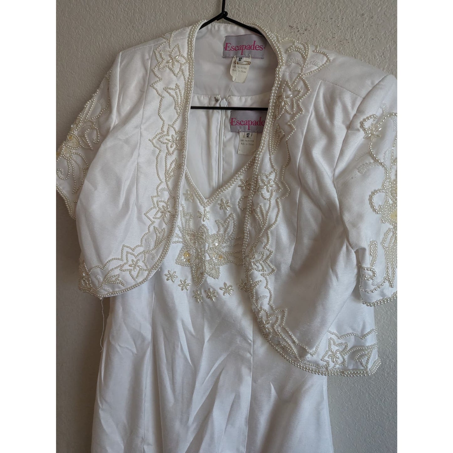 Vintage Y2K Escapades Womens Sz 12 White Satin Maxi Dress & Shrug Beaded Bridal