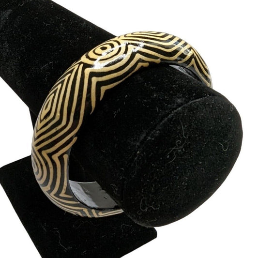 Vintage Black and Ivory Hand Painted Wooden Bangle Bracelet