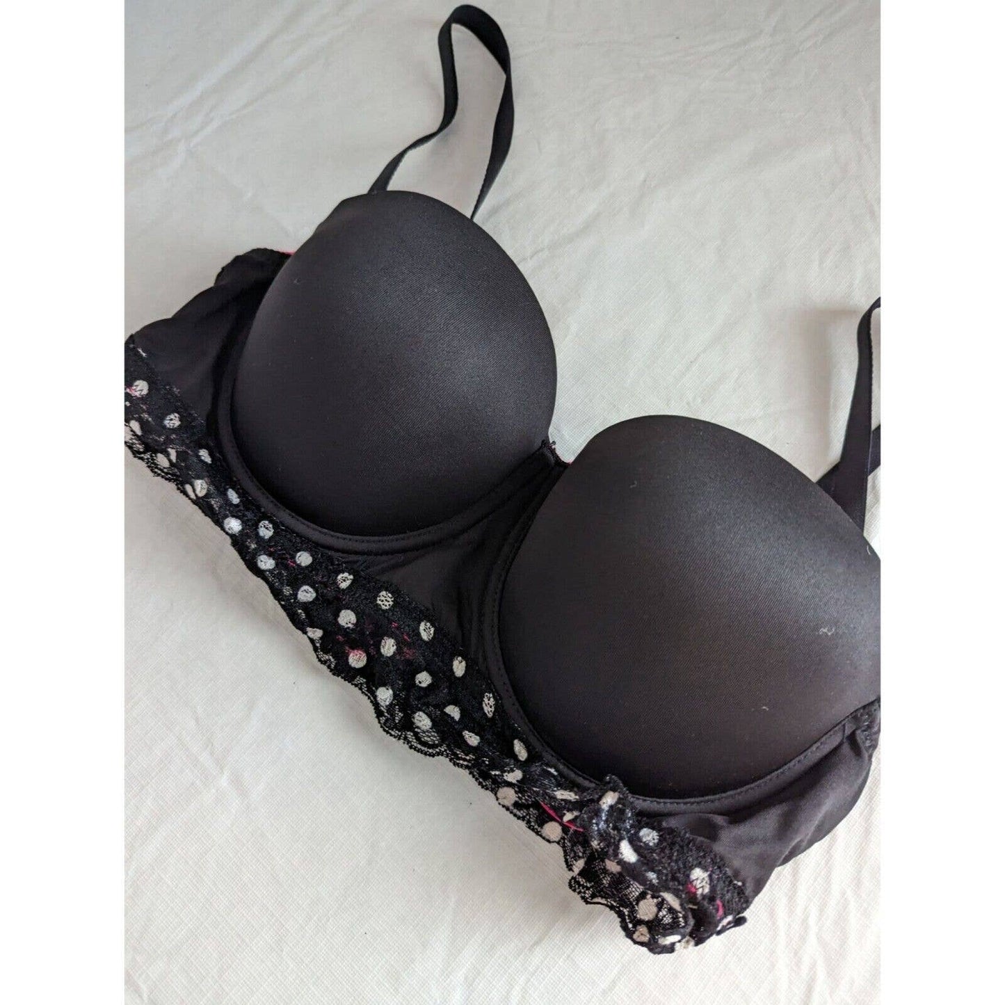 Fruit of the Loom Womens Sz 36C Longline Bra Black White Polka Dot