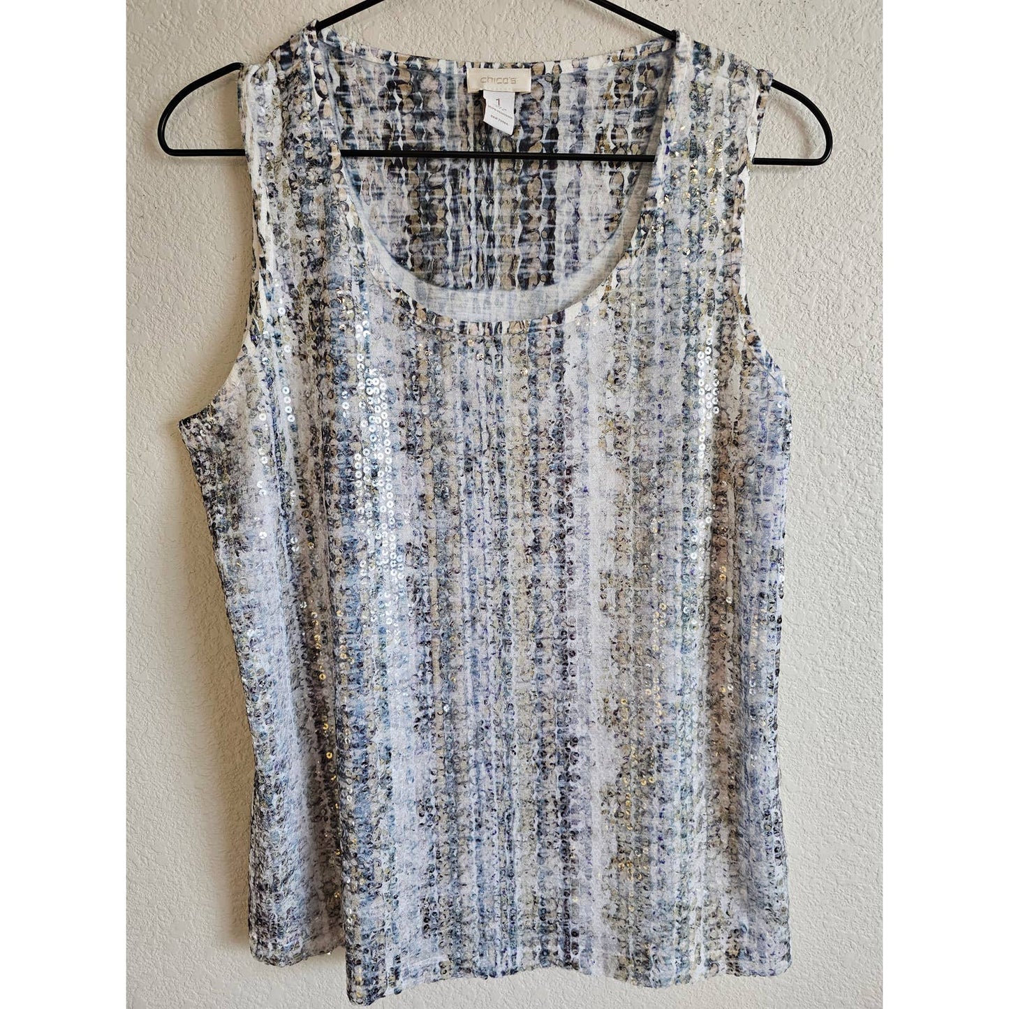 Chicos Womens Sz 1 (L) Sleeveless Blouse Sequin Front Tank Top Blue Cream