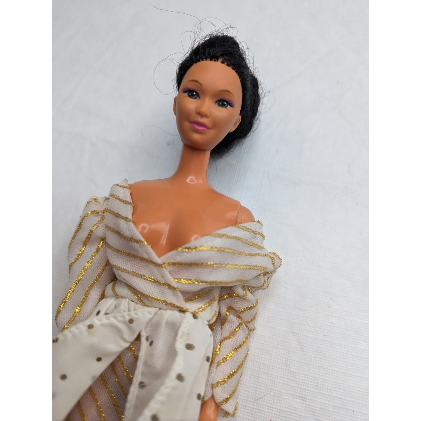 Vintage 1990s RARE Ethnic Barbie Doll In Gold Dress Brown Hair