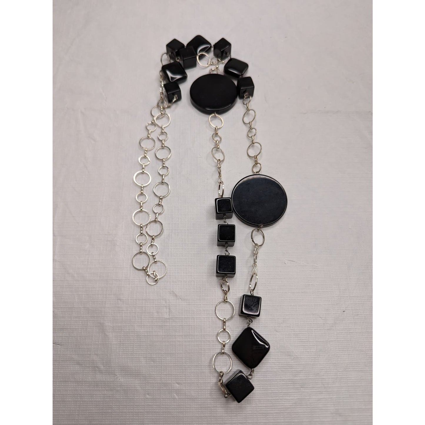 Vintage 1990s Geometric Single Strand Long Necklace Black and Silver