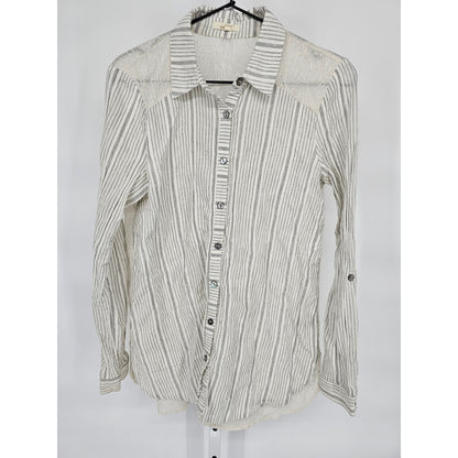 Anthropologie Mystree Womens Sz S Long Sleeve Button Up Top Striped Gauzy Gray