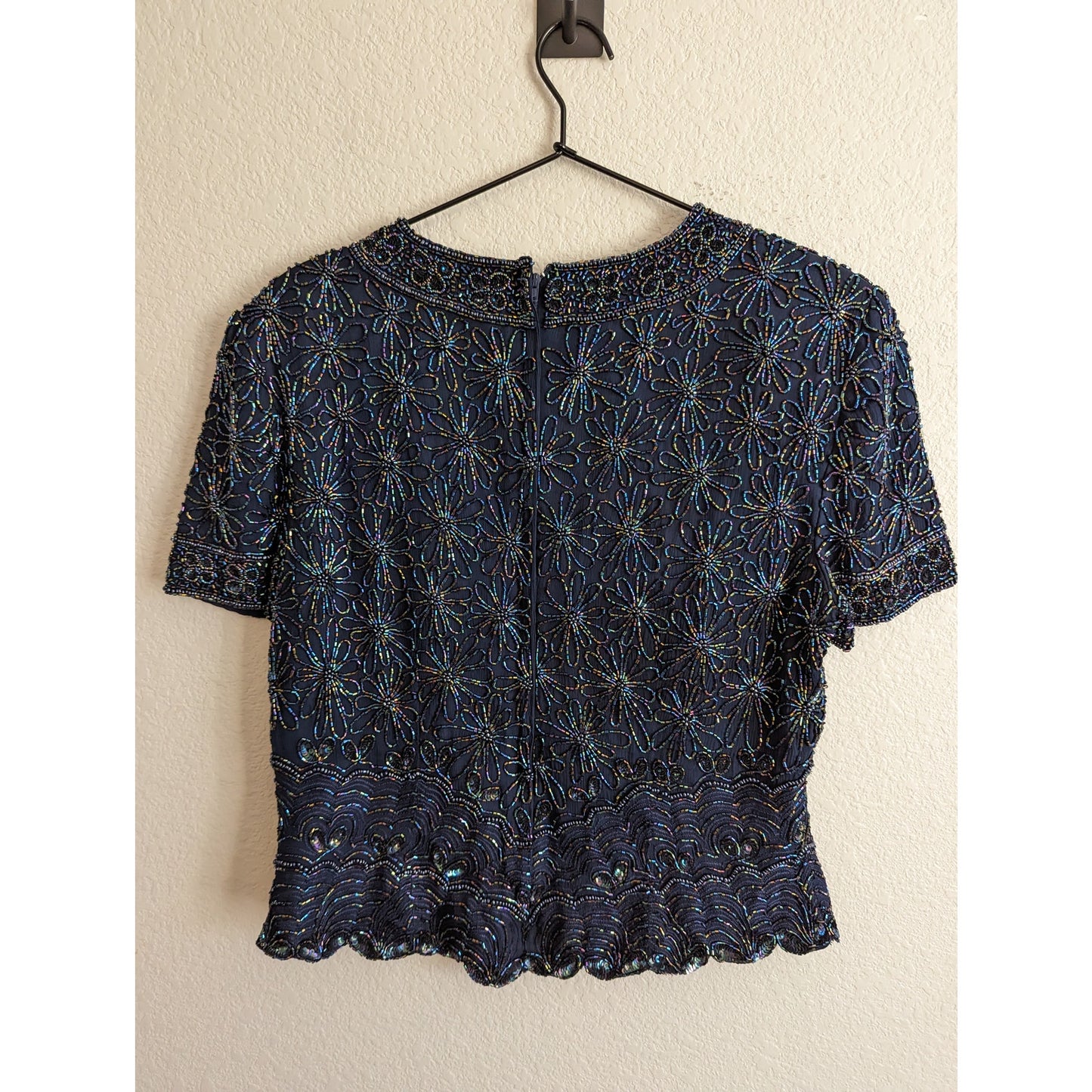 Adrianna Papell Occasions Womens Sz 10 100% Silk Fully Beaded Blouse Navy Blue