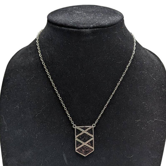 Vintage 1990s Silver Tone chain Pendant Necklace Enamel Geometric Black