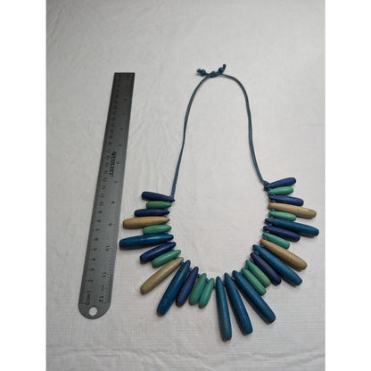 Vintage Boho Wooden Beaded Statement Necklace Pastel Purple Blue