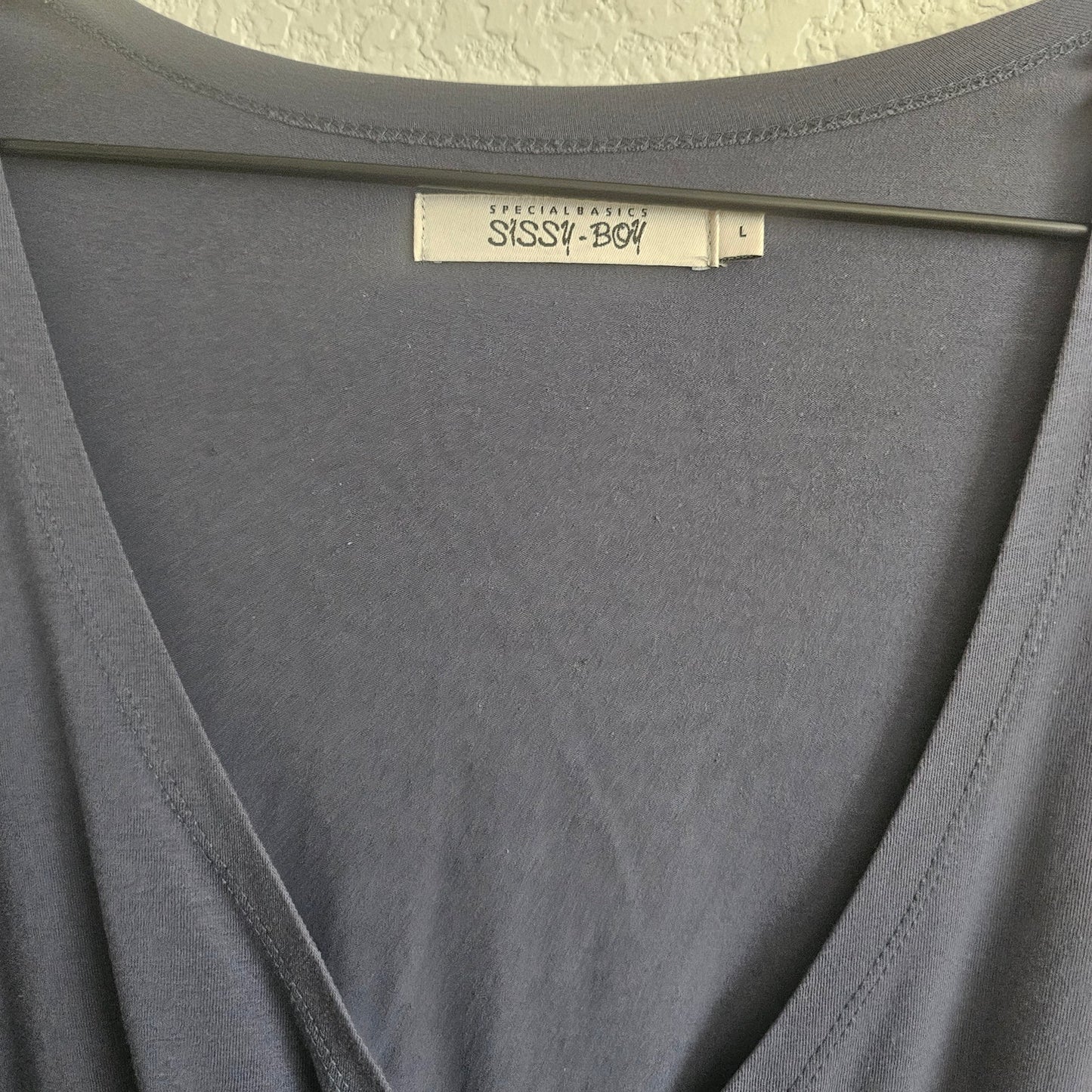 Sissy Boy Womens Sz L 3/4 Sleeve Midi Dress Jersey Knit Gray Tie Waist