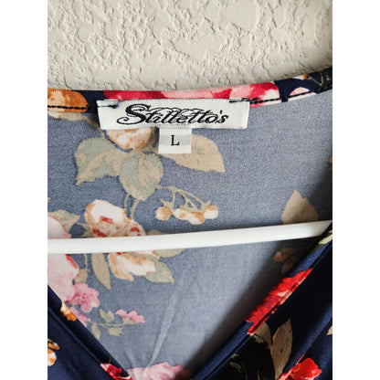 Stillettos Womens Sz L Short Sleeve Maxi Dress w/ Slit Blur Pink Floral