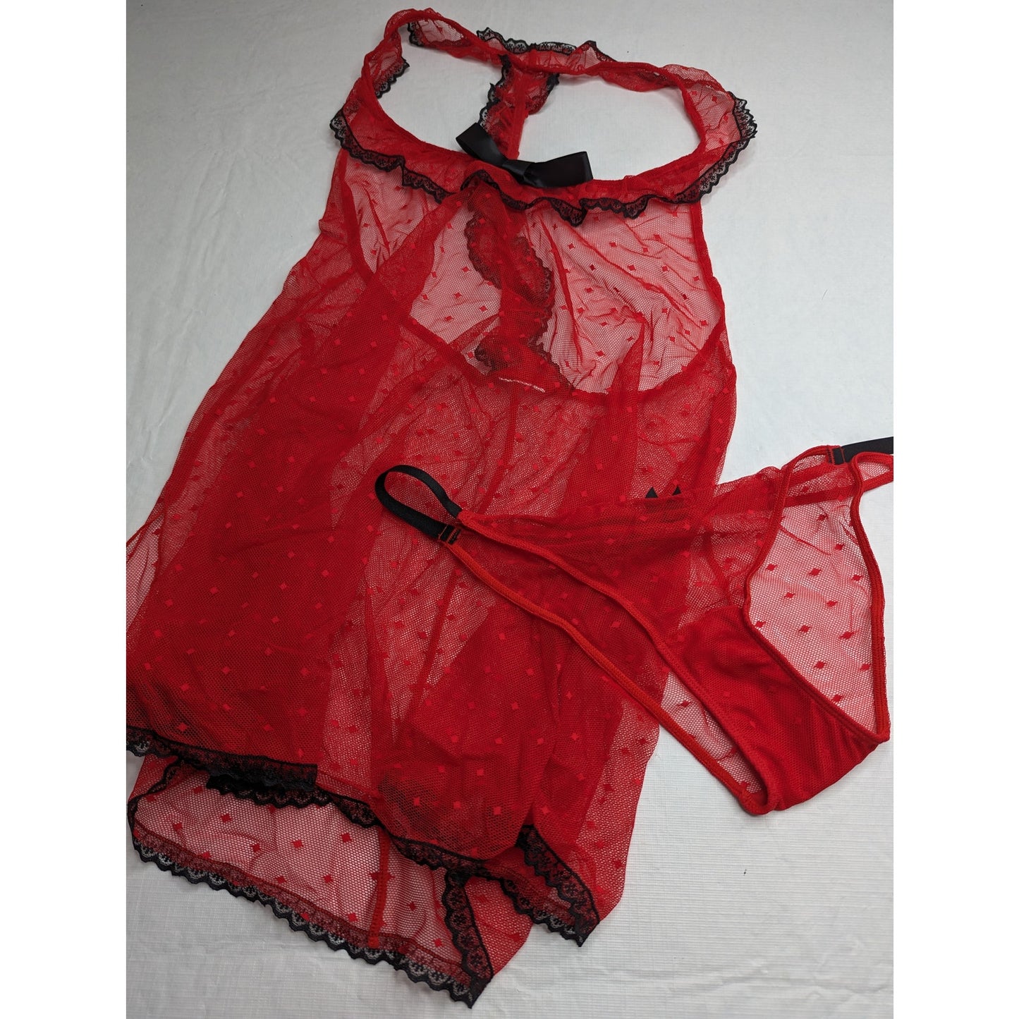Vintage 1990s Womens Sz M Nightie Set Red Black Mesh Semi Sheer Y2K