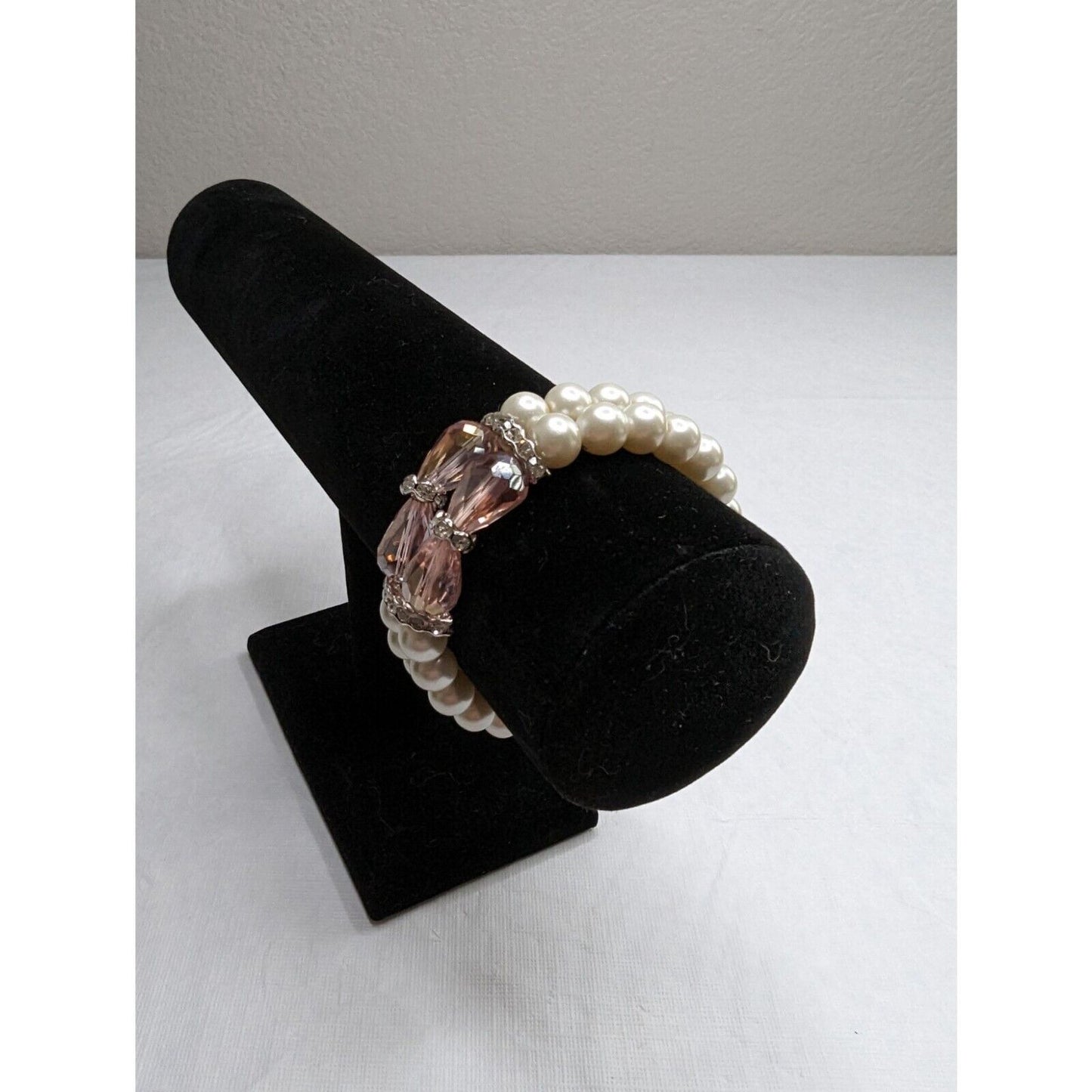 Vintage 1990s 2 Strand Beaded Bracelet Faux Pearl and Pink Stones