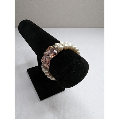 Vintage 1990s 2 Strand Beaded Bracelet Faux Pearl and Pink Stones