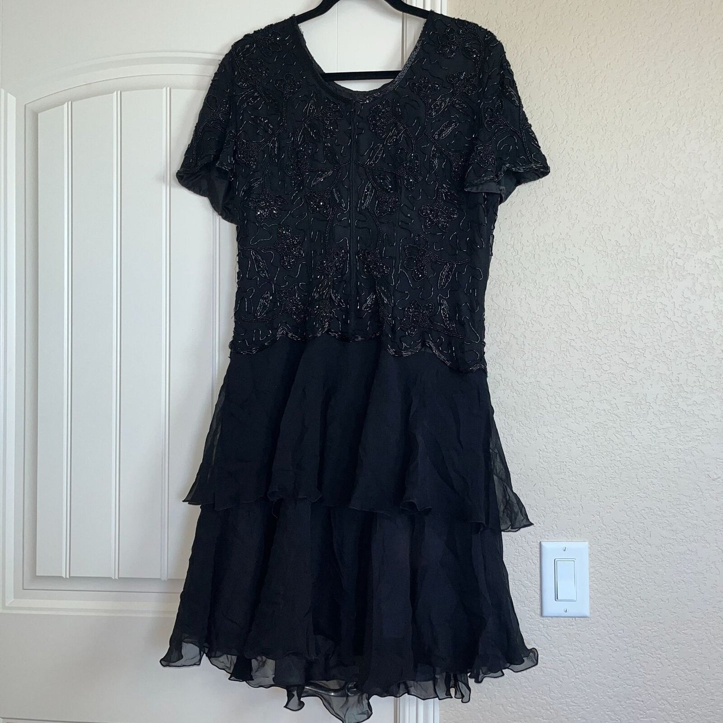 Laurence Kazar Womens PL Midi Dress Silk Fully Beaded Black Formal