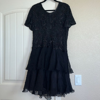 Laurence Kazar Womens PL Midi Dress Silk Fully Beaded Black Formal