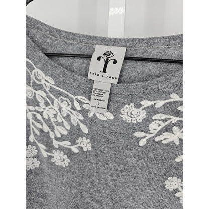 Rain + Rose Womens Sz L Lightweight Crewneck Sweater Gray White Embroidered