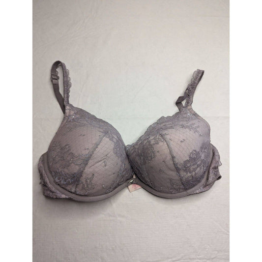 Victorias Secret Womens Sz 34DD Padded Push Up Bra Gray Lace Rhinestone