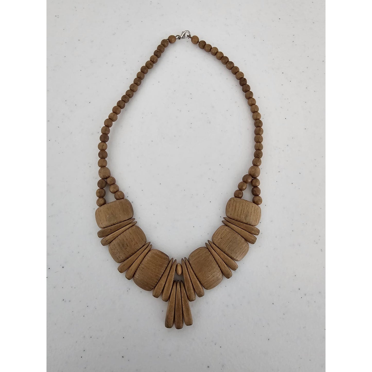 Vintage 1970s Mod Light Beige Wood Wooden Statement Piece Necklace Art Deco