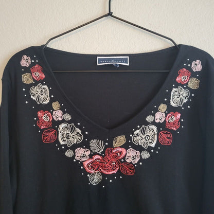 Karen Scott Womens Sz M 3/4 Sleeve Cotton Top Black Embroidered Floral