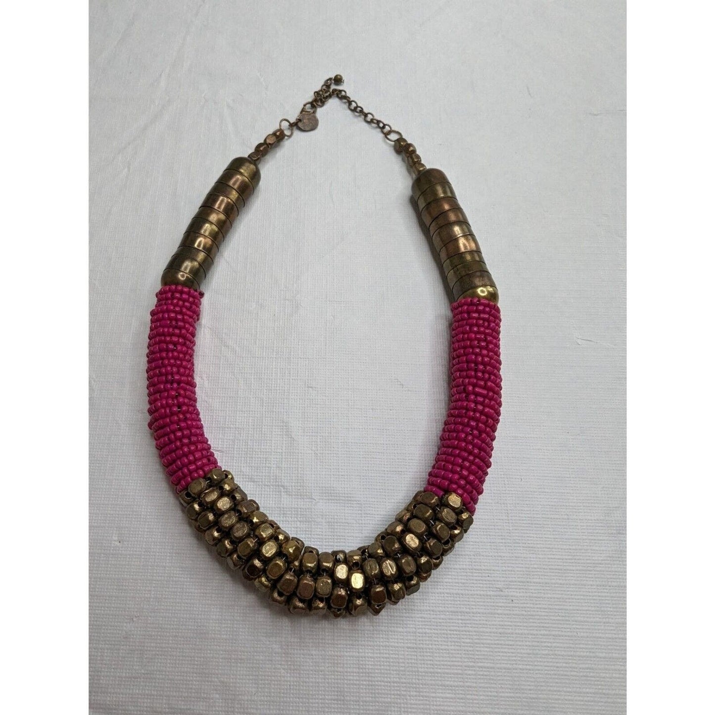 Vintage 1970s Statement Necklace Bright Pink and Gold Beaded