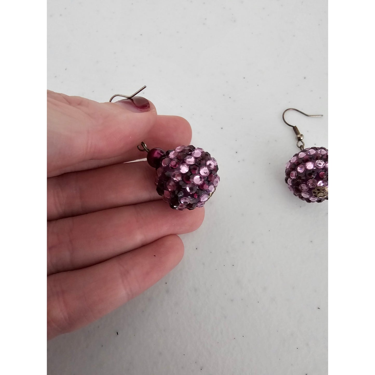 Vintage Y2K Dangle Earrings Purple Rhinestone Disco Ball