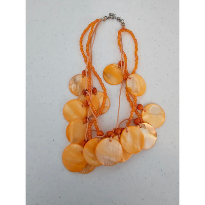 Vintage 1980s Pastel Orange Layered Disk Beaded Necklace Mother of Pearl