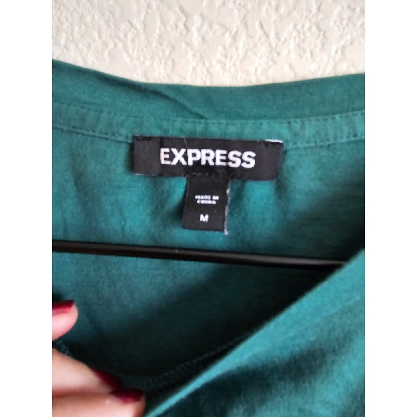 Express Womens Sz M Dark Teal Blouse Bubble Pleated Sleeve