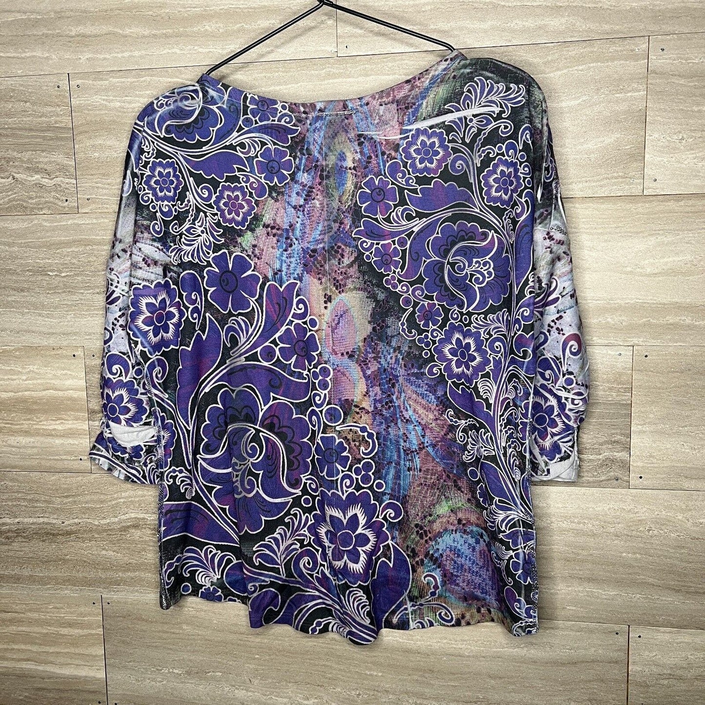 Style & Co Petite Womens PM 3/4 Sleeve Purple Floral Sequin Blouse Career Wear