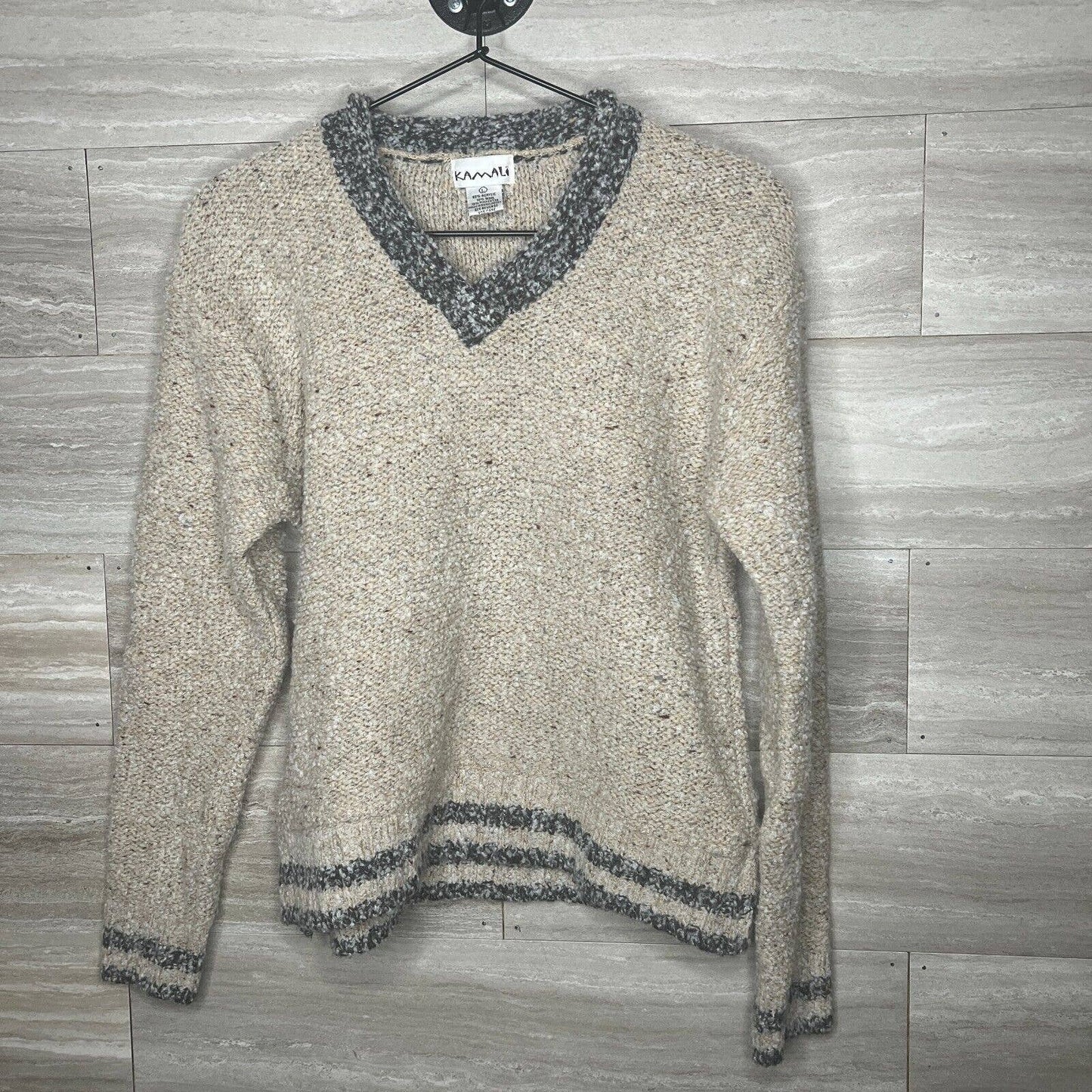 Kamali Womens Sz L Wool Blend V Neck Sweater Beige Gray