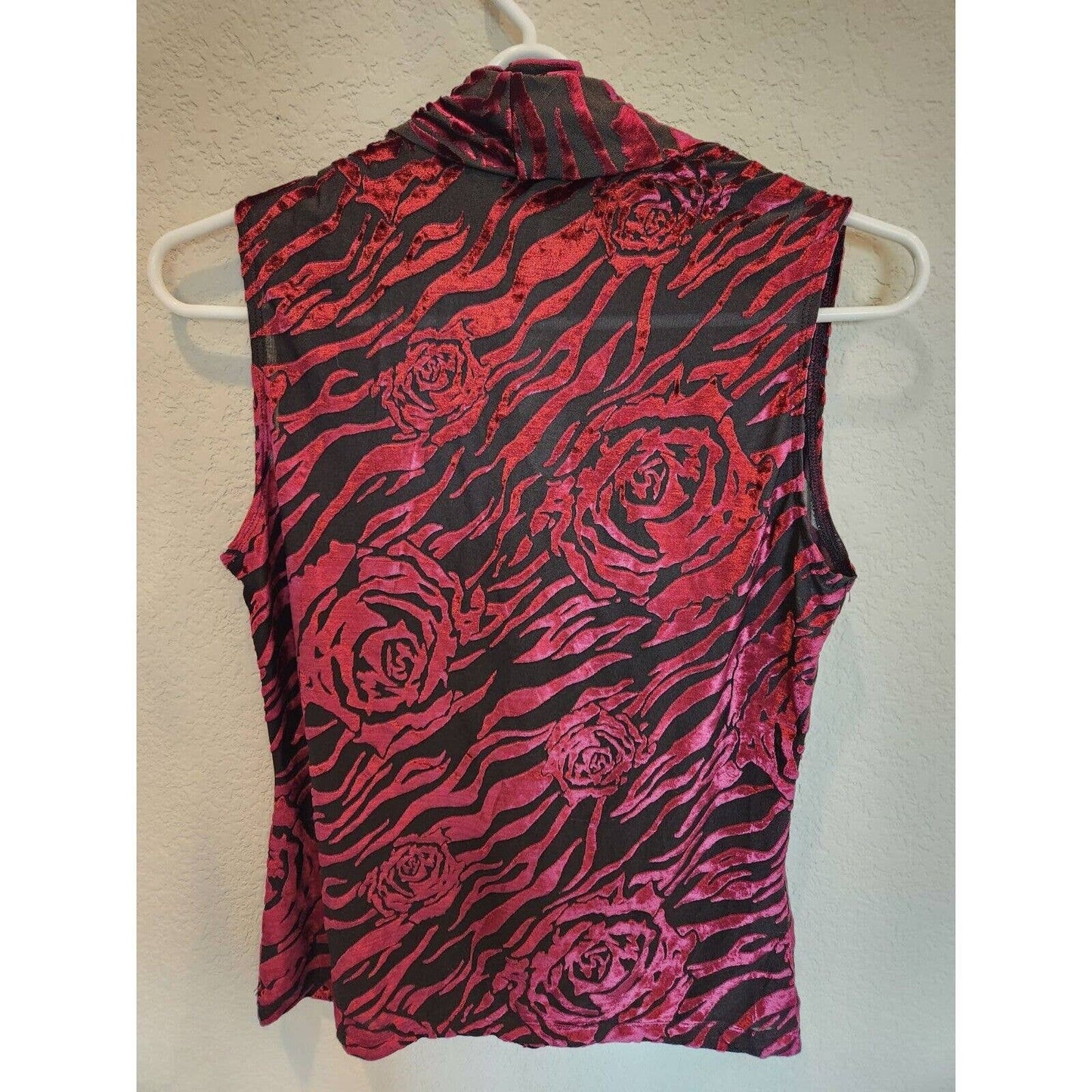 Vintage Y2K Express Womens Sz M Sleeveless Blouse Red Rose Zebra Print Scoop