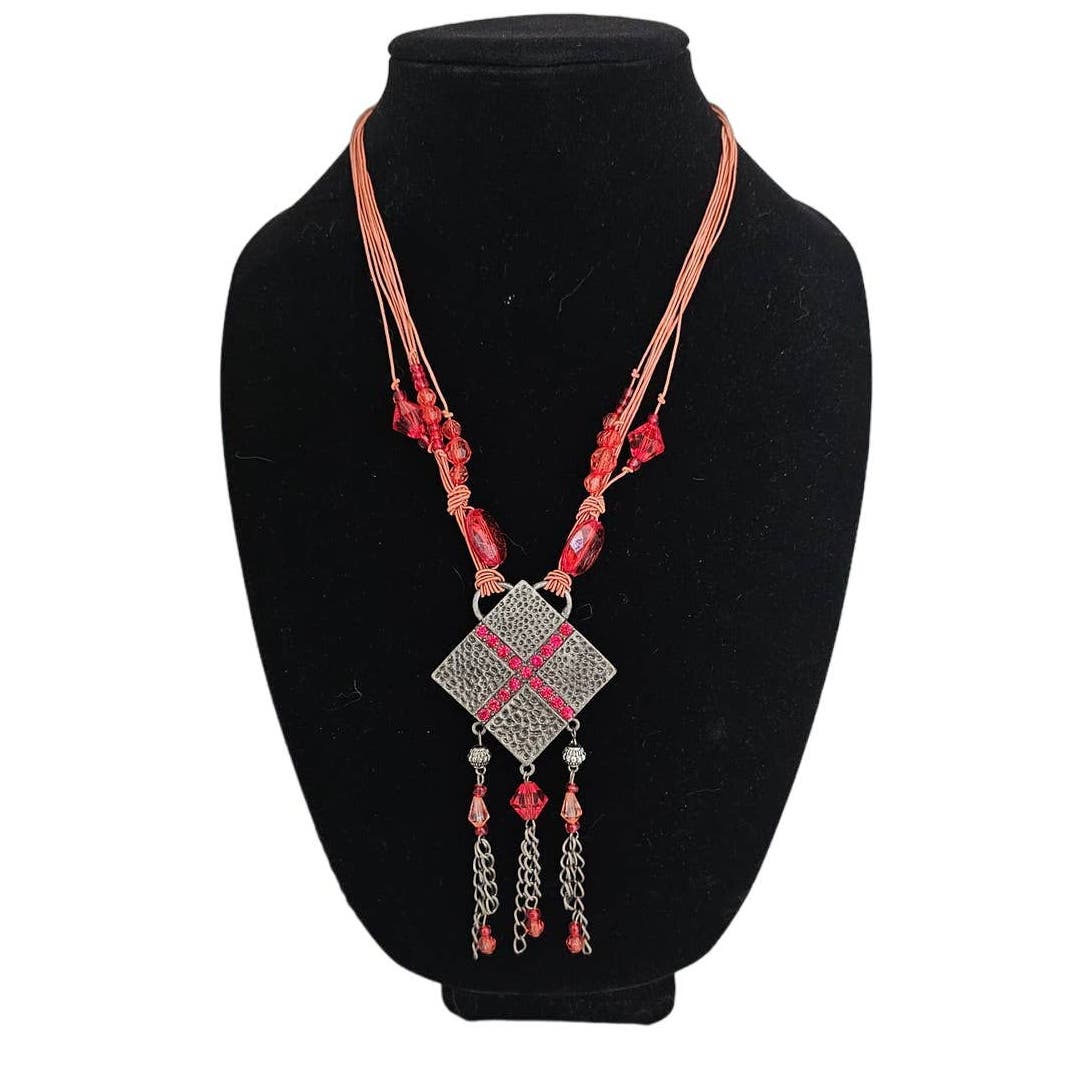 Vintage Aztec Style Pendant Necklace Mixed Media Pink and Silver Tones