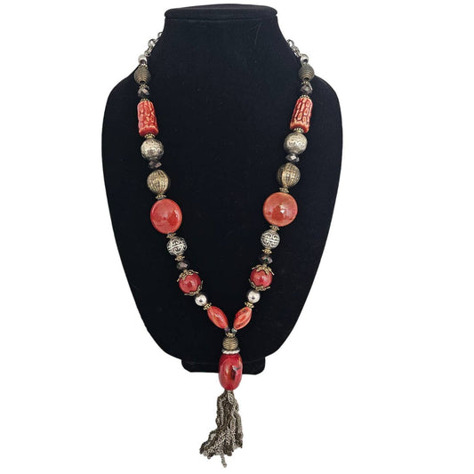 Vintage 1970s Chunky Single Strand Necklace w/ Tassel Coral Silver