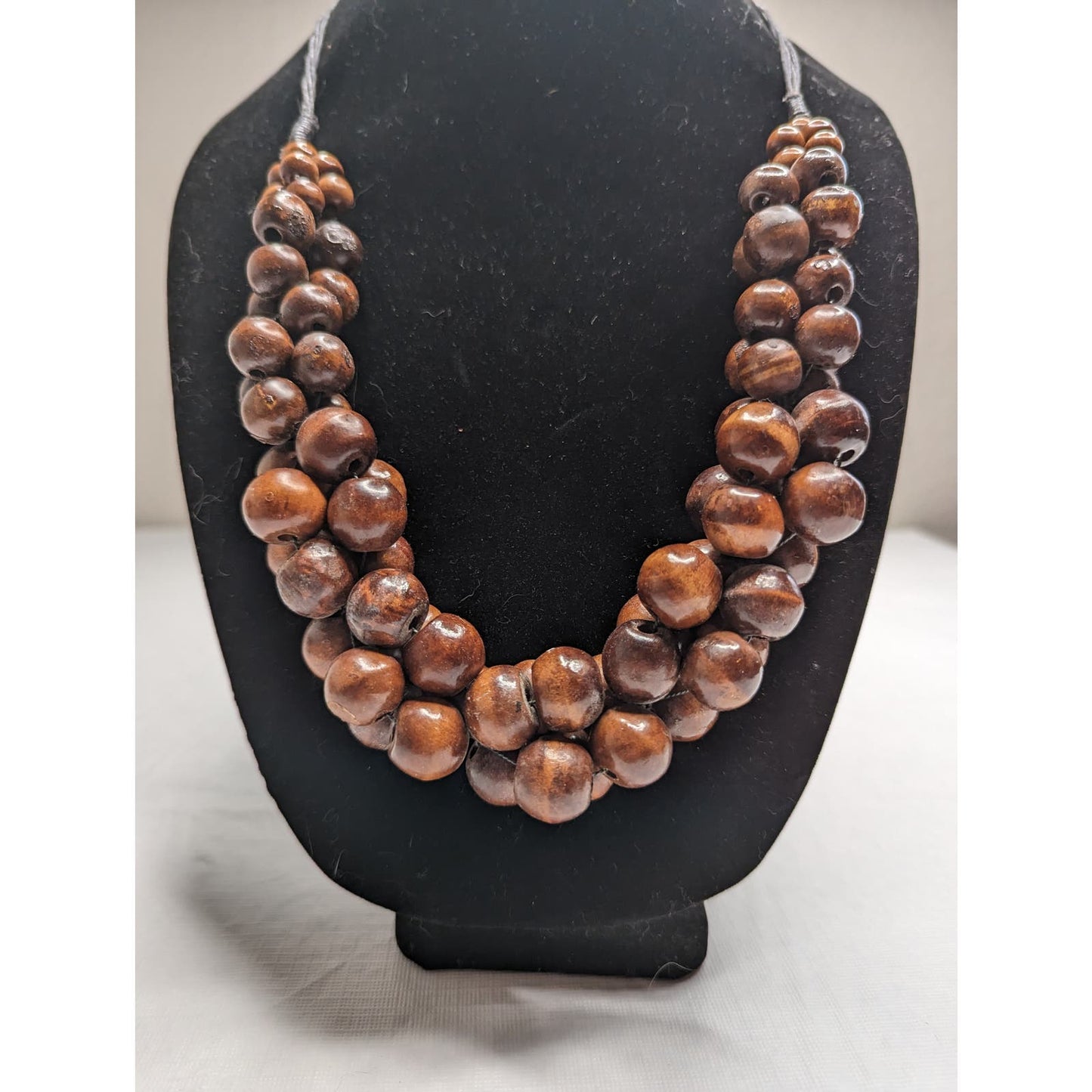 Vintage Mid Century Wooden Cluster Round Bead Statement Necklace Brown