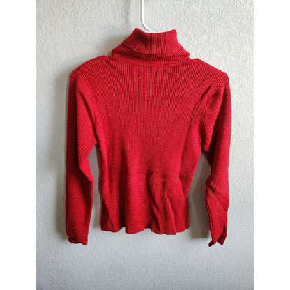 Vintage Worthington Womens Sz M Red Turtleneck Sweater Metallic Weave Ribbed