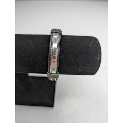 Vintage Y2K Black Leather and Silver Tone Bangle Cuff Bracelet