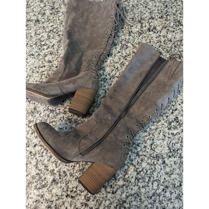 Solely Black by BKE Womens Sz 8 Landon Block Heel Boots Brown Lace Back