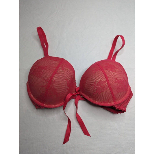 Aerie Womens Sz 34D Padded Push Up Bra Dark Pink Lace Mesh Tie Front