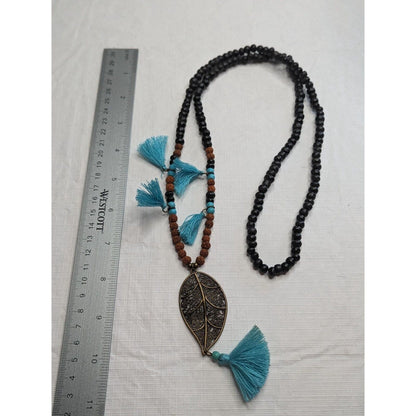 Vintage 1960s Turquoise Tassel Beaded Boho Necklace Feather Pendant