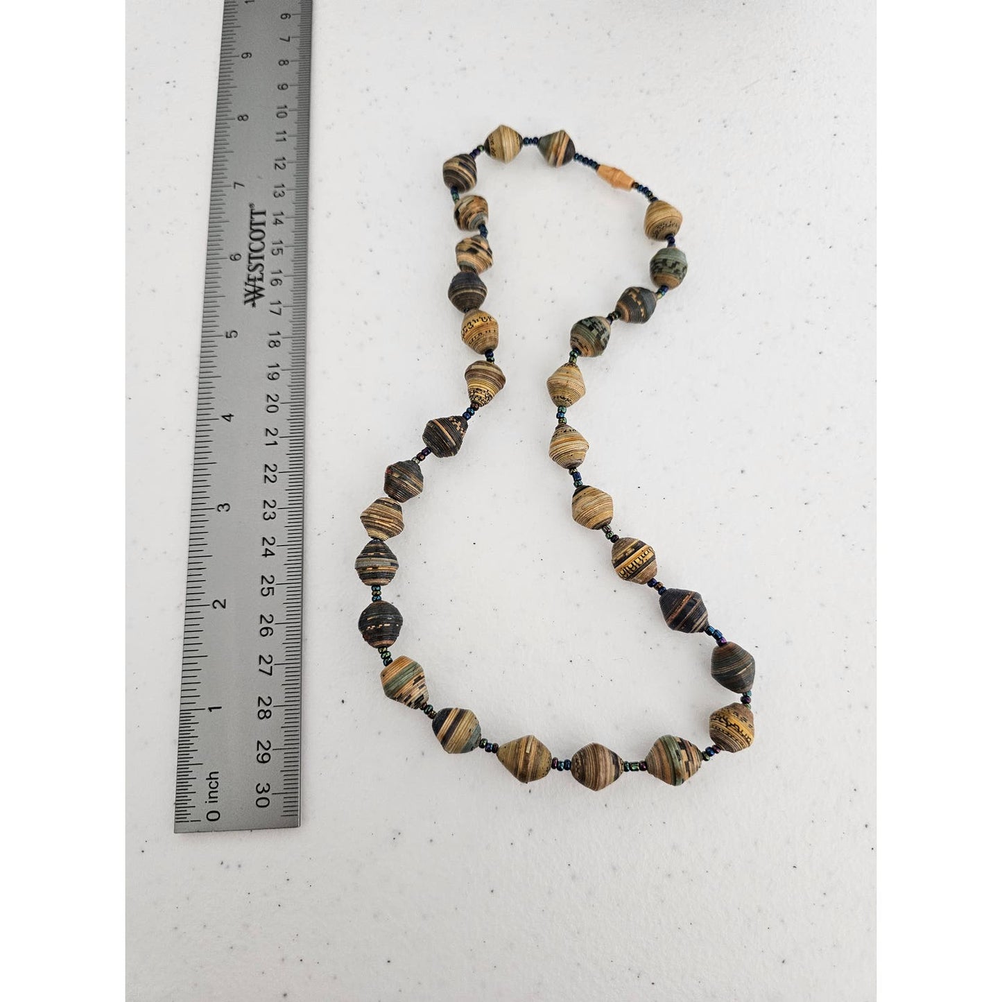 Vintage Single Strand Rolled Paper Style Beaded Necklace Brown Tan