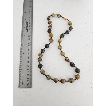 Vintage Single Strand Rolled Paper Style Beaded Necklace Brown Tan