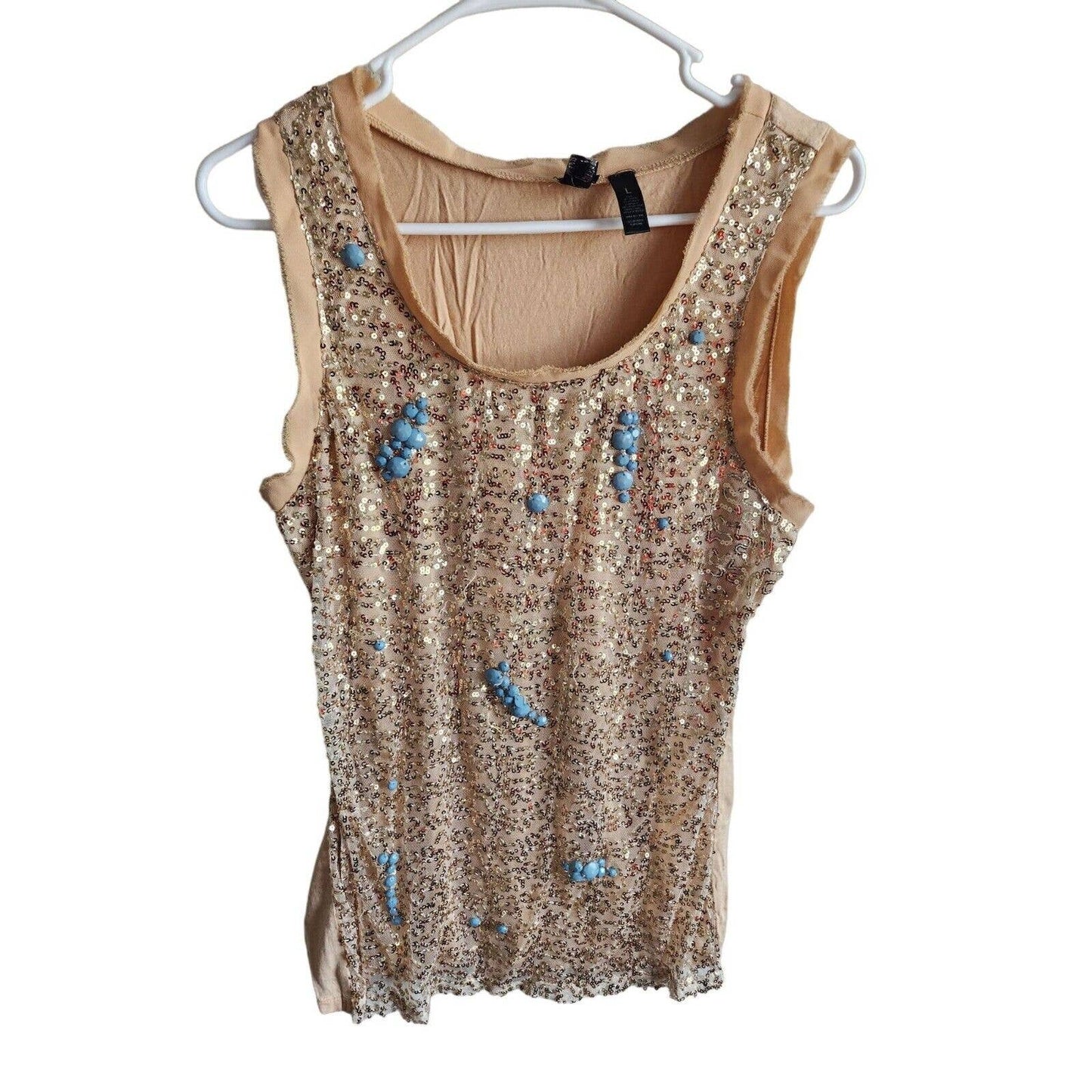 BKE Boutique Womens Sz L Tank Top Gold Sequin Blue Beaded