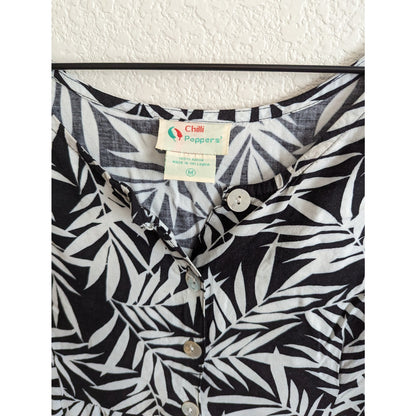 Vintage Chili Peppers Womens Sz M Midi Floral Casual Dress Black White