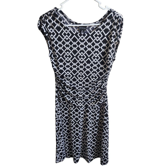 En Focus Studio Womens Sz 8P Petite Midi Dress Black White Geometric Print
