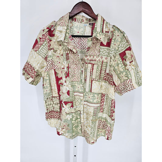 Vintage 1990s Tapestry Womens Sz XL Short Sleeve Button Up Shirt Patchwork Green