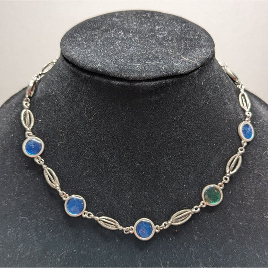 Vintage Y2K Silvertone Chain Necklace Blue Green Round Stones